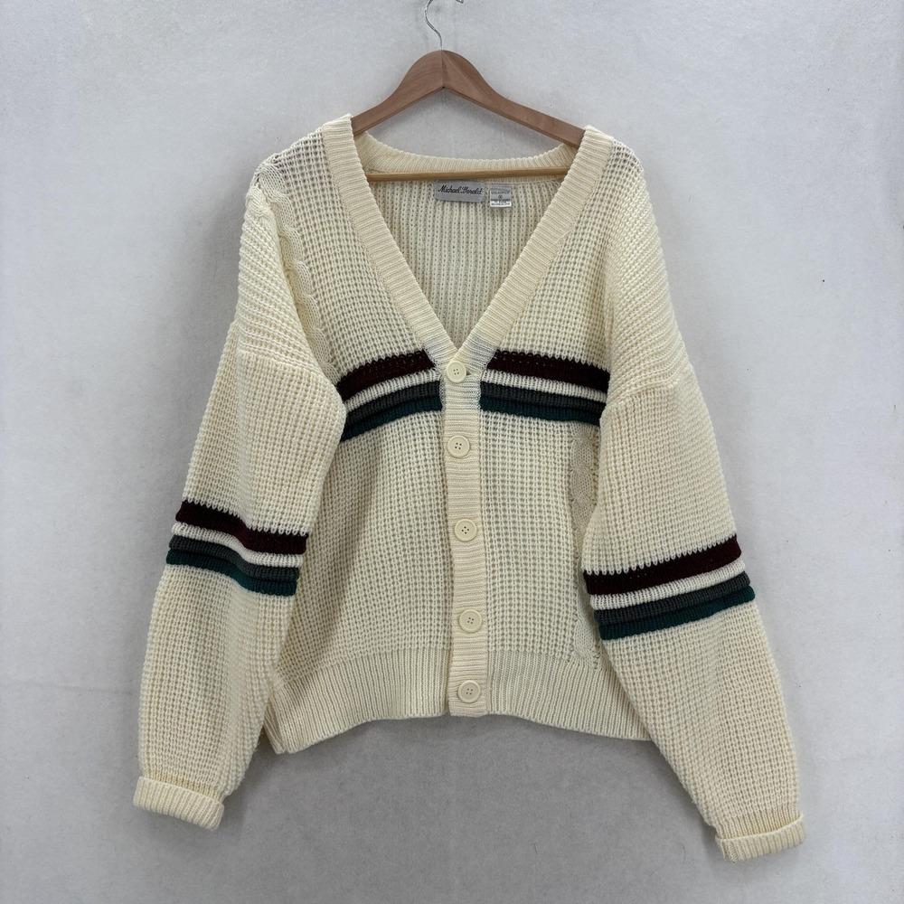 Vintage Michael Gerald Cardigan Sweater Mens S White Stripe V Neck Knit Casual